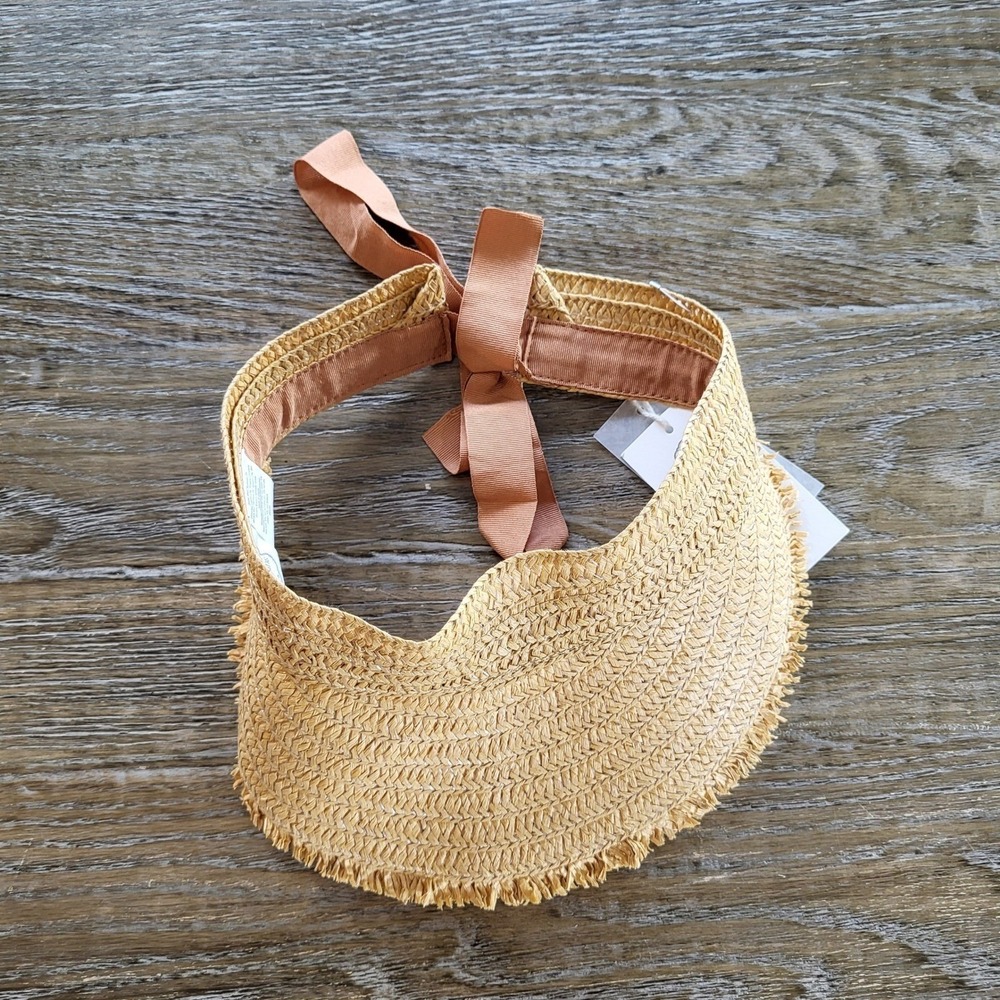 Laline Straw Visor Summer 23 Tan Woven Sun Hat with Ribbon Tie New With Tags